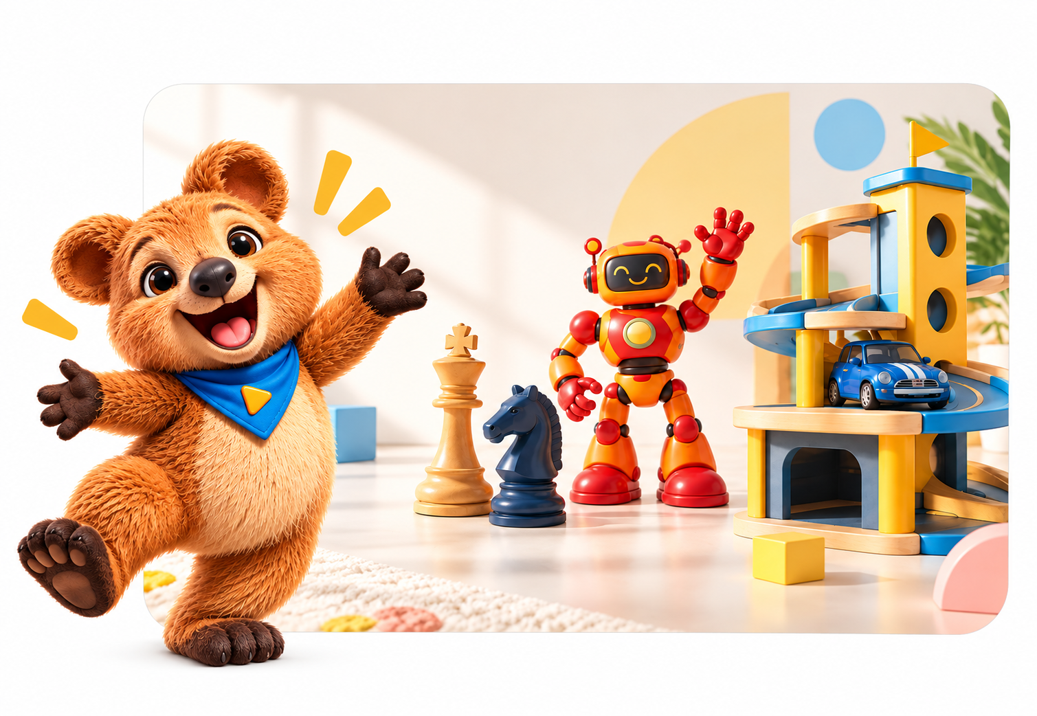 Focus Toyland toys: Foco the quokka, a friendly robot, wooden chess pieces and a yellow modular car garage