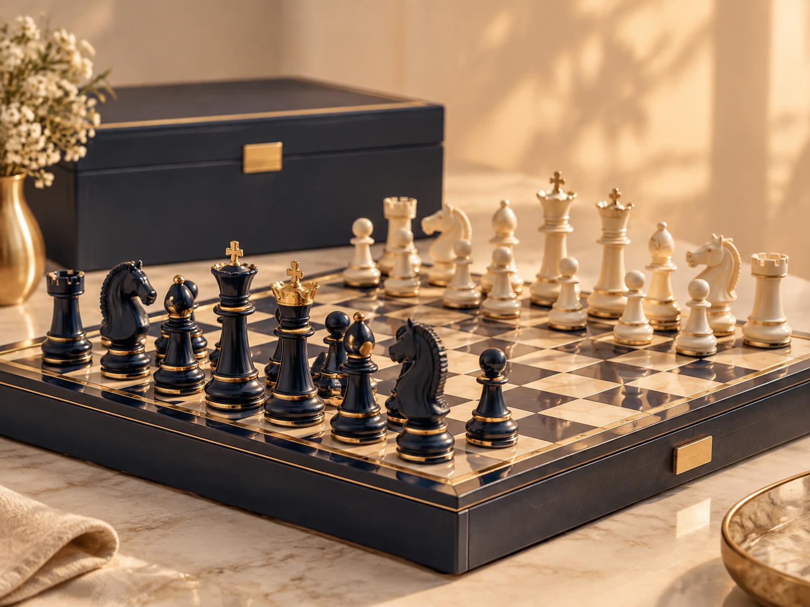 Warm-lit custom navy and cream chess set with gold accents beside its presentation box